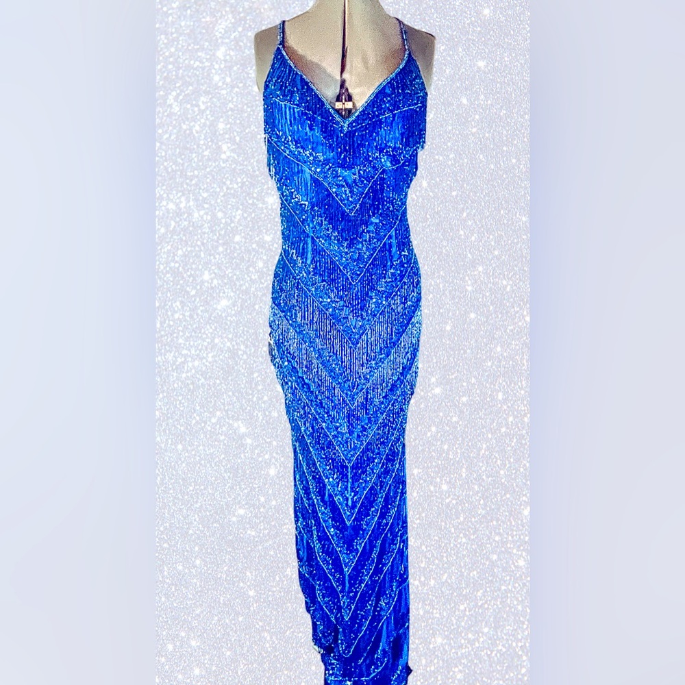 Royal Blue fringe-beaded gown by Primavera, size 6